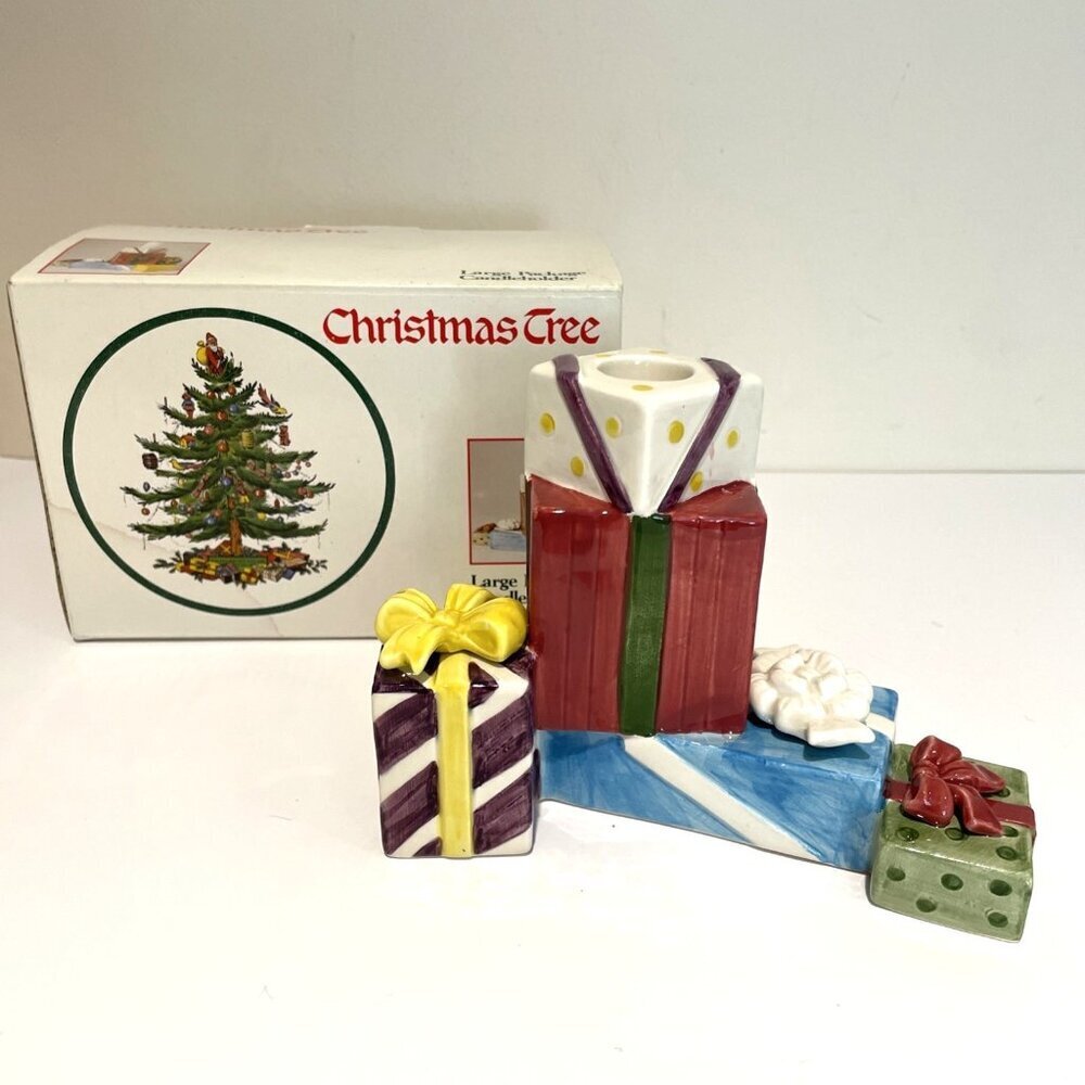 Vintage Spode Christmas Package Candle Holder Multicolor Holiday Presents 1990s